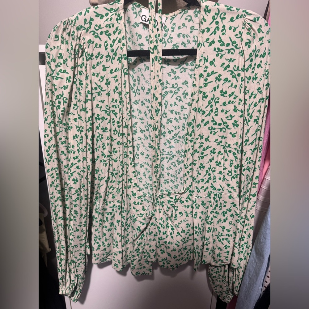 Ganni Cream and Green Leaf Print Top